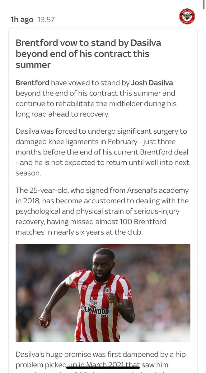 Exclusive bit in the link about @joshdasilva_… #Brentfordfc have vowed to continue treating him after his contract expires this summer. Poor guy is set for another lengthy spell out well into next season. Top player when he’s fit. Feel for him. #Bees👇🏻 skysports.com/transfer-centre