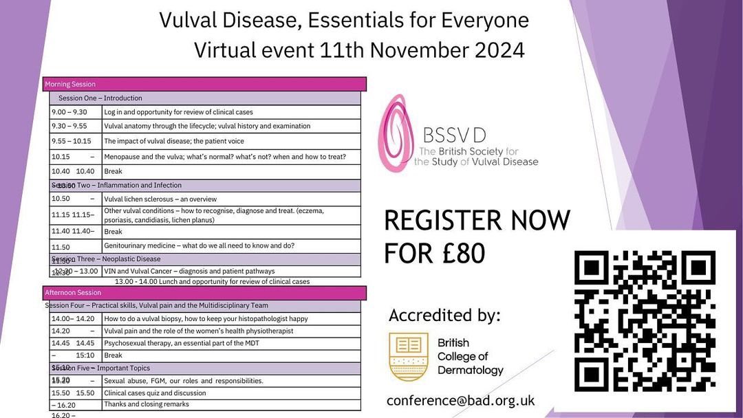 This is a one day virtual course aimed at all healthcare professionals working in women’s health.  It is designed to help you feel confident in the examination, diagnosis and treatment of common vulval conditions. @bssvd_org 🔗eventsforce.net/bad/frontend/r…