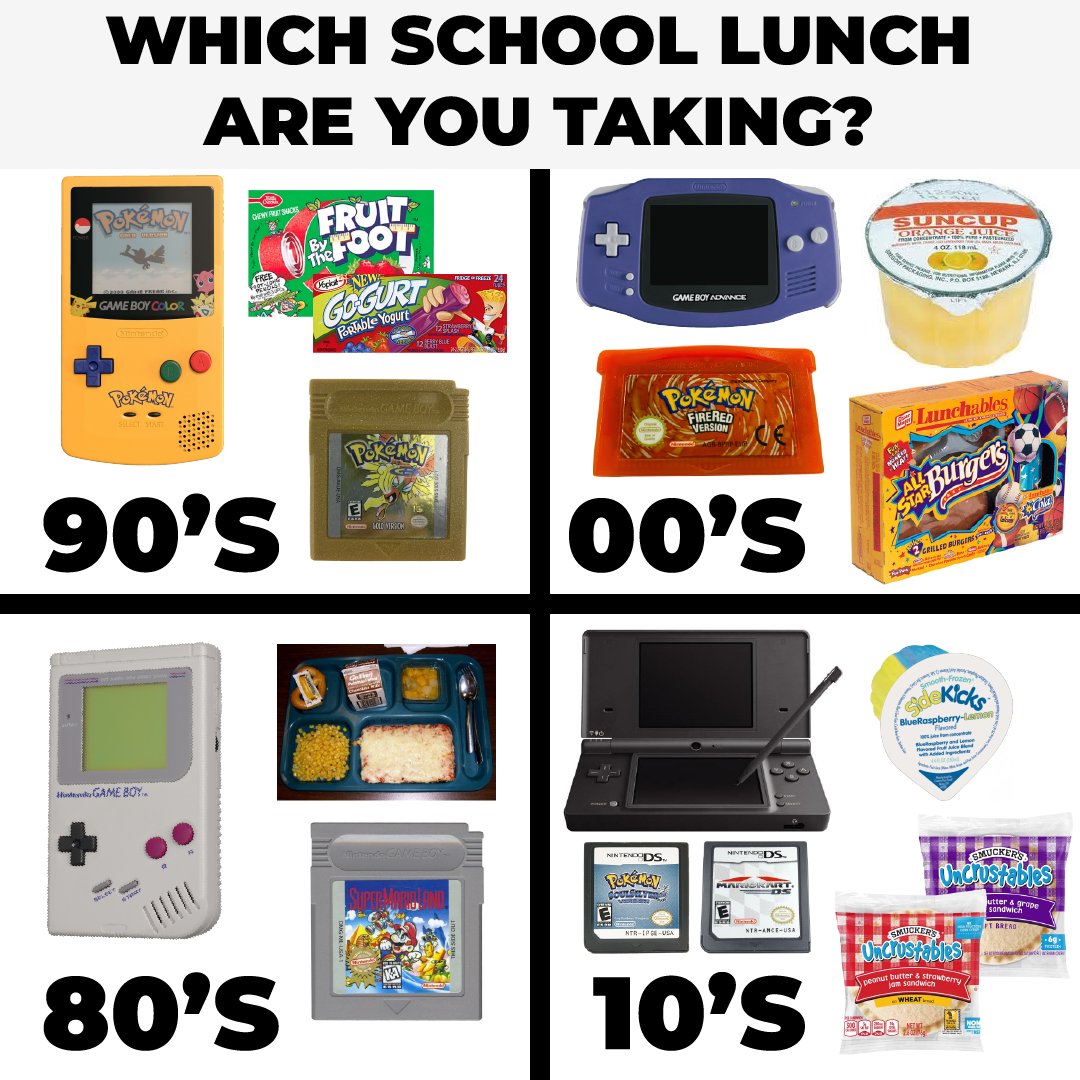 What era of school lunches are you picking? 🤔 . . . #nostalgia #lunch #schoollunch #retro #throwback #90s #2000s #90skids #snacks #gogurt #food #2010s #pbj #childhood #childhoodmemories #90skids #90skid #90snostalgia #retro90s #dkoldies #school
