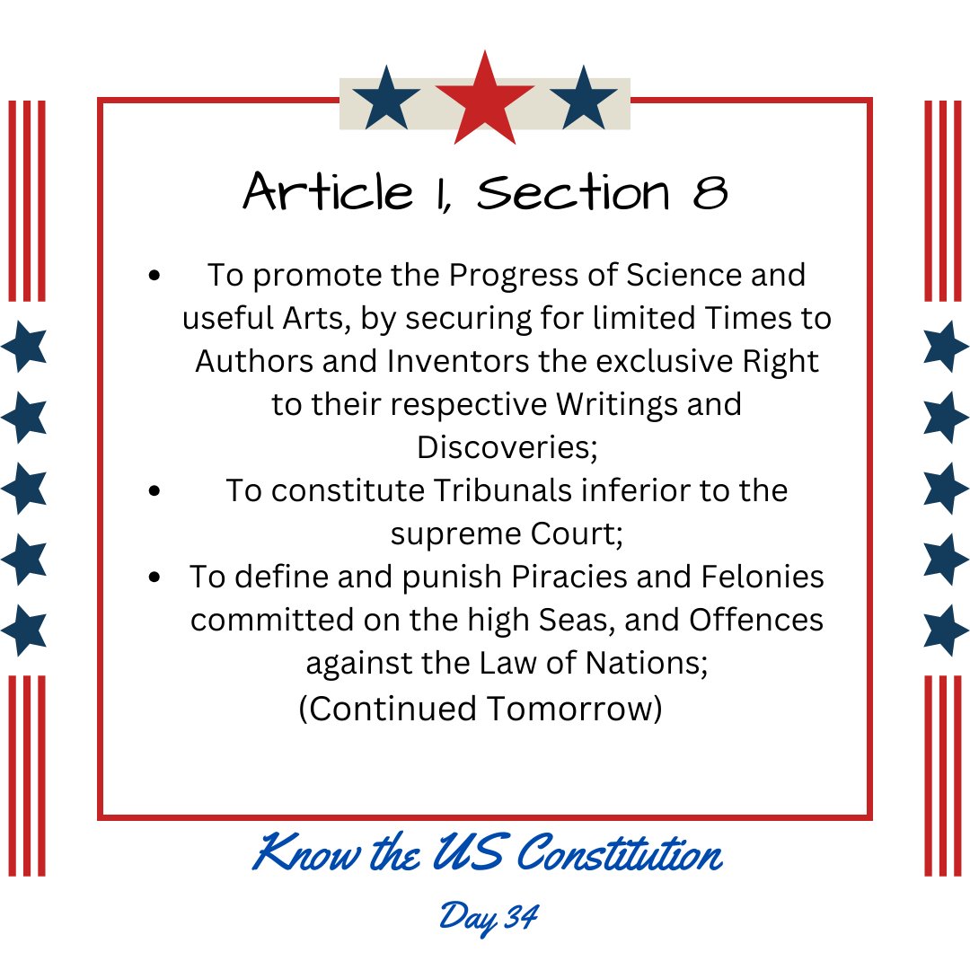 Day 34:  Article 1, Section 8  
Powers Granted To Congress    
#fightmisinformation #USConstitution #truth #ushistory #KnowledgeIsPower #Vote #article1 #congress #generalwelfare   

Check out our bio for previous posts--full text of the US Constitution in daily bite size pieces.