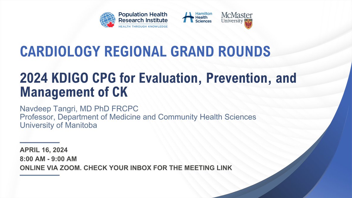 📢 Calling @MacDeptMed faculty, students & #PHRI researchers! Join us for the upcoming Cardiology Regional Grand Round on '2024 KDIGO CPG for Evaluation, Prevention, and Management of CK' with Prof. Navdeep Tangri. Check your inbox for the link! @hvanspall @NavTangri @UM_RadyFHS