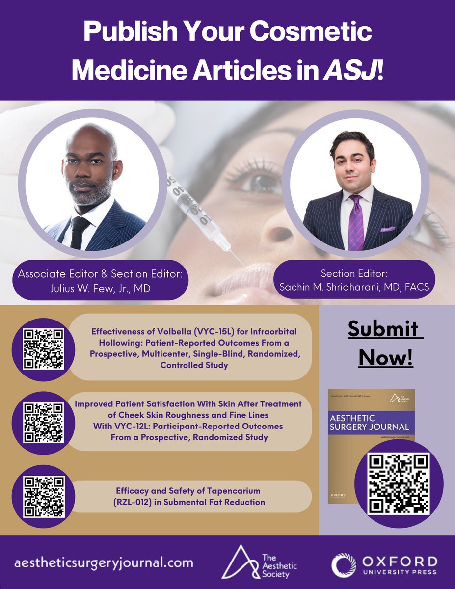 Drs. Few and Shridharani, Cosmetic Medicine section editors, invite you to submit your manuscripts to ASJ. Scan the QR codes to read recently published Cosmetic Medicine papers and to submit to the journal.