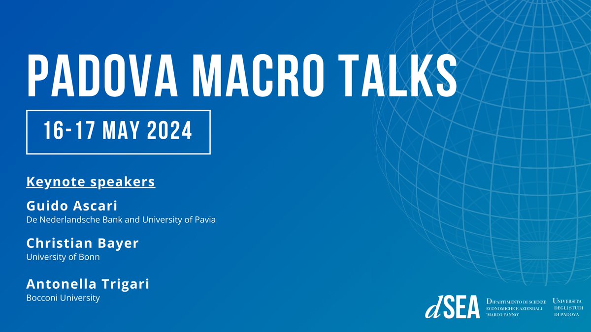 📢The 'Padova Macro Talks' are back on May 16-17‼️

🗣 Keynote speakers:
Guido Ascari (@DNB_NL and @unipv)
@christianbaye13 (@UniBonn)
Antonella Trigari (@Unibocconi)

📅Registration deadline: 6 May 2024

More details and full programme here:
economia.unipd.it/en/padova-macr… #EconTwitter