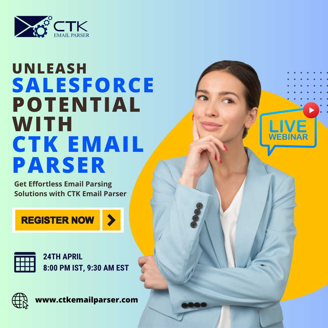 Join our webinar on 24th April at 8:00 PM IST, 9:30 AM EST and discover how CTK Email Parser can effortlessly organize your inbox chaos. Don't miss out – register now! 📷 lnkd.in/gRwnfP-K #Salesforce #EmailManagement #Webinar