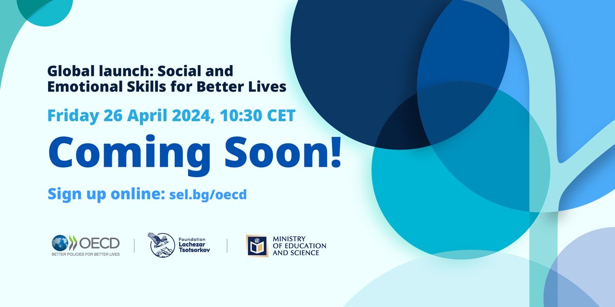 📢Save the date 📢

Join us for the launch of the new OECD report: Social & Emotional Skills for Better Lives.

Hear from @SchleicherOECD, and education ministers as they discuss the survey results.

📅26 April
⏰10:30am-3:30pm CET

Sign up online 👉 SEL.BG/OECD