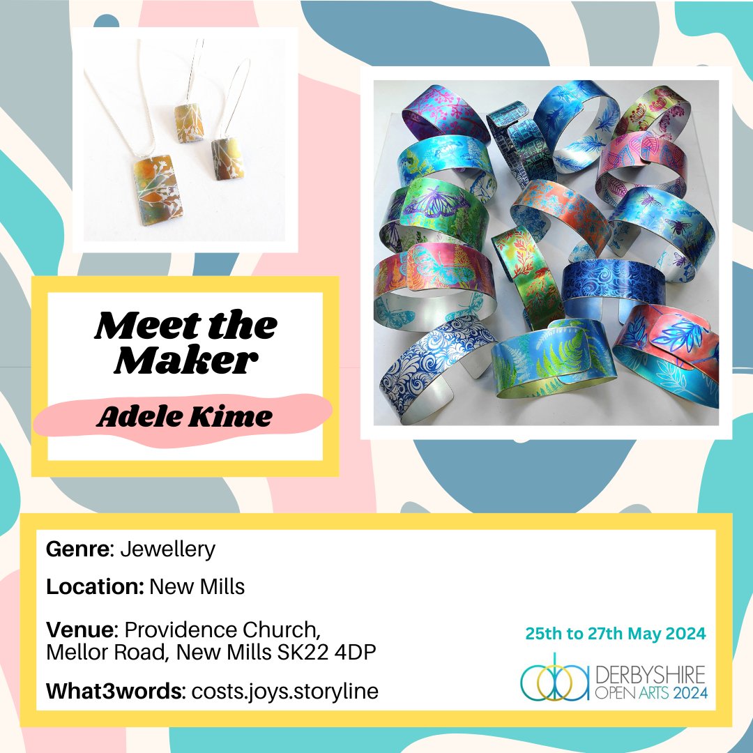 Meet the Maker: Adele Kime “Handmade jewellery inspired by nature. Hand-painted anodised aluminium alongside a textured silver range. Taught for 22 years and runs workshops in Derbyshire and at her canal side studio.” Find out more: derbyshireopenarts.co.uk