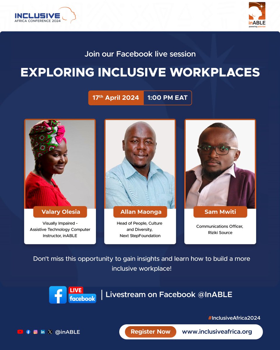 Join us this Wednesday, 17th April 2024, from 1PM on our Facebook page for an enlightening discussion on 'Creating Inclusive Workplaces'. Don't miss this opportunity to gain insights & learn how to build a more inclusive workplace! bit.ly/49wXo3u @IreneKirika2