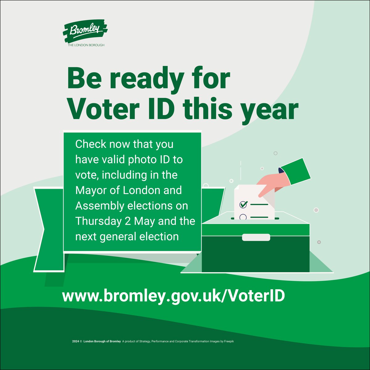 Last chance to register to vote for the London elections on 2 May ahead of tomorrow's deadline (16 April). Voters must be registered and bring voter ID to vote for London Mayor and Assembly members, with more information at bromley.gov.uk/GLAElections. #LondonVotes