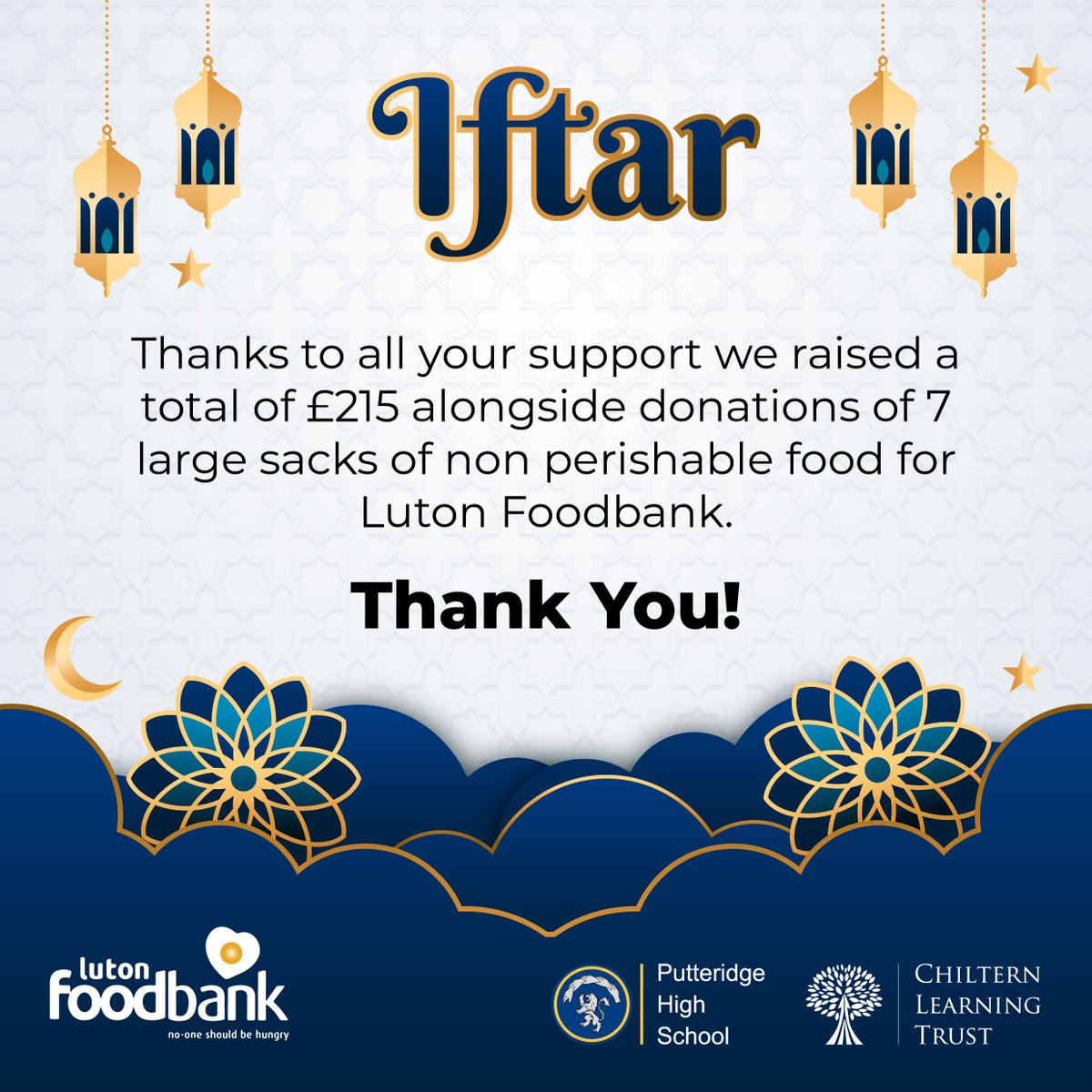 As we begin a new term today we also look back at the success of the last one. Our Iftar event in March was a brilliant moment when our community came together and we would just like to thank everyone who donated to @LutonFoodbank.