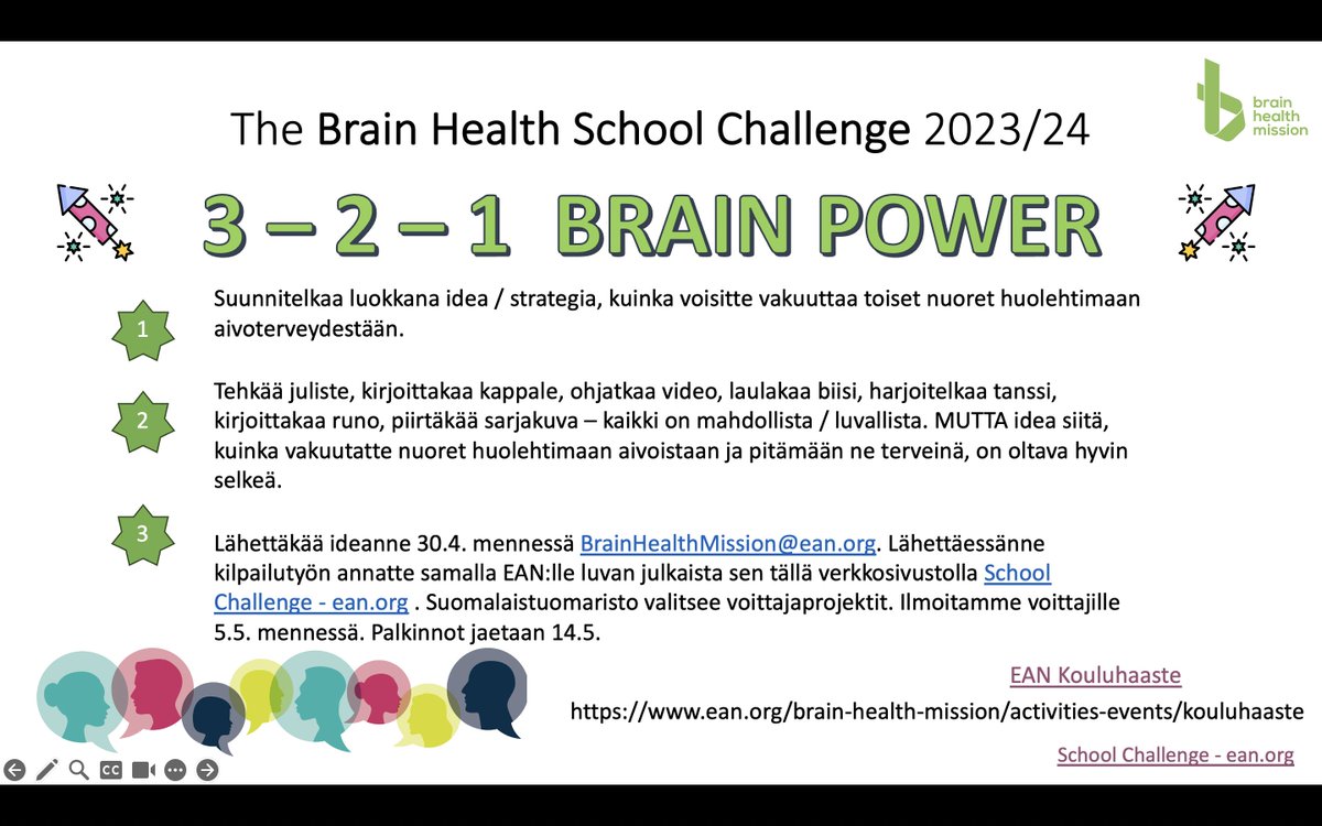 Hei opettaja ! @SuomenNeuro @EANeurology Aivoterveys-kouluhaaste jatkuu vielä 30.4. saakka, jotta kaikki halukkaat ehtivät mukaan, tuo luokkasi/ryhmäsi mukaan haasteeseen ja ideoikaa yhdessä mitä voimme tehdä aivoterveyden hyväksi ean.org/brain-health-m…