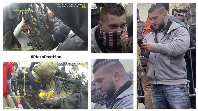 #PlazaPostMan was involved with breaking and pushing a large metal lamp post onto officers on #Jan6  Recognize him? If so the FBI would like to hear from you and so would we! #Justice4J6 #WhyWeDoWhatWeDocontact us at admin@seditionhunters.org #NoBOLO