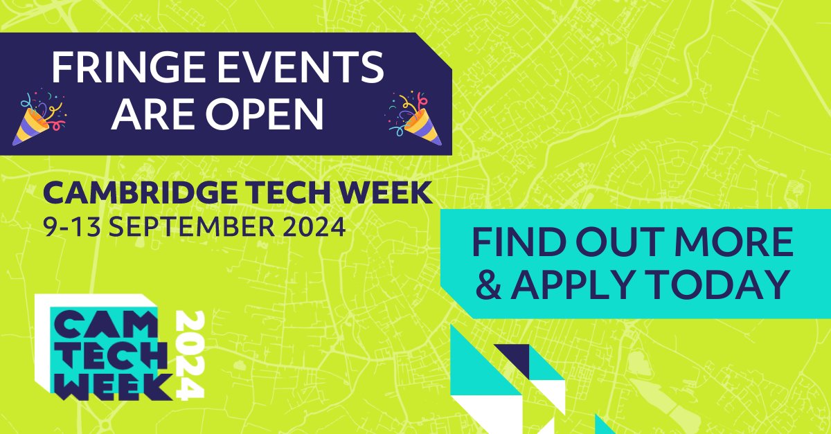 📣 Our Fringe is Open 📣 Be part of #CamTechWeek by hosting your own fringe event and benefit from the buzz of the #tech ecosystem coming together in #Cambridge this September! Download the pack here and find out how you can get involved ➡️cambridgetechweek.co.uk/fringe-events/