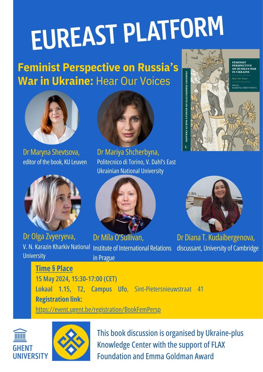 Excited about our next event at Ukraine-plus Center, a book discussion 'Feminist Perspective on Russia’s War in Ukraine: Hear Our Voices' ⏰15 May 15:30 to 17:00 📌Lokaal 1.15, T2, Campus Ufo ✍️Register at: event.ugent.be/registration/B… 📚 Link to the book: rowman.com/ISBN/978166693…