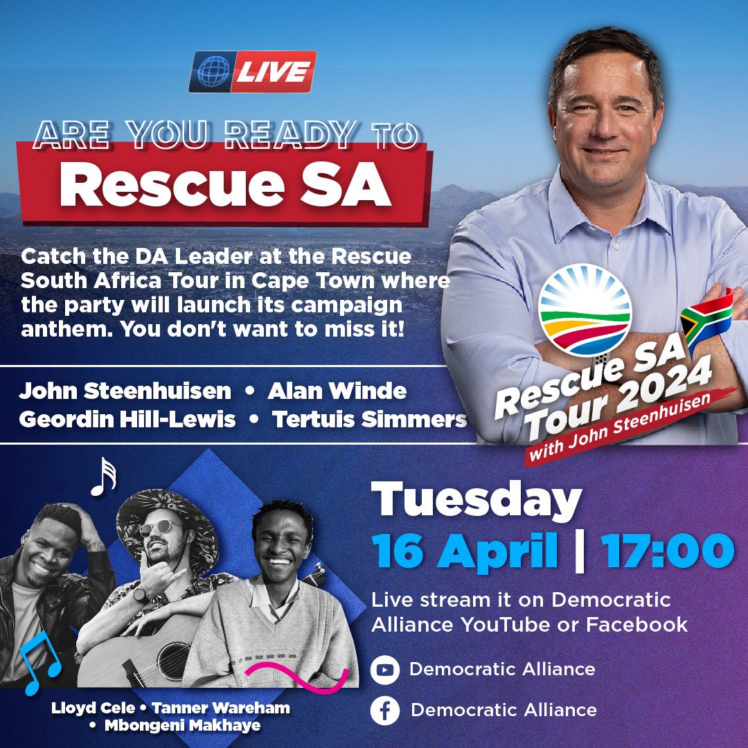 📣 Join us tomorrow at 17h00 for the launch of the Rescue South African campaign anthem as DA Leader John Steenhuisen takes his #RescueSAtour to Cape Town. This is composed and sung by music legend and Idols star Lloyd Cele. Watch it live on the DA’s Facebook and YouTube pages.