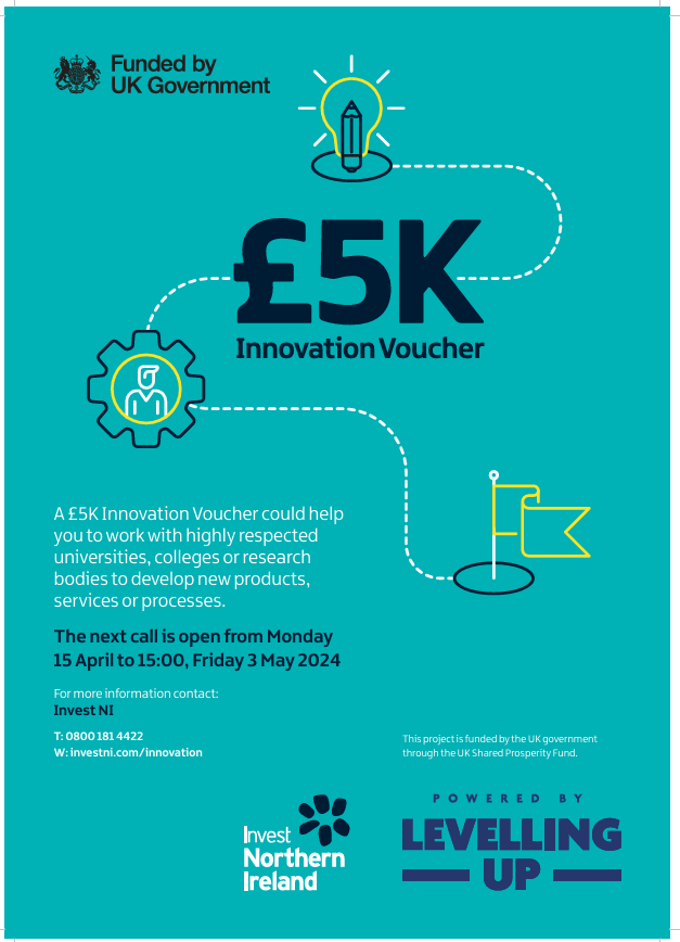 Could a £5K Innovation Voucher help your business to work with local universities, colleges or research bodies? @InvestNI next call for applications opens Mon 15th April to 3pm Friday 3rd May 2024, don't miss out 📢Contact @InvestNI T: 0800 181 4422 W: investni.com/innovation