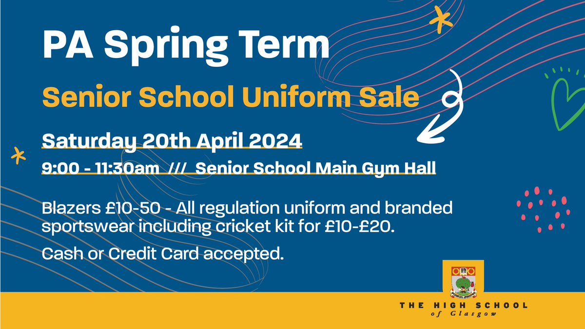 🧥 In need of a blazer? 🎽 Sports kit requiring an upgrade? 🔜 Join us this Saturday for the HSOG Parent Association Senior School Uniform Sale for all your uniform needs. Cash & card payments accepted. #HSOG