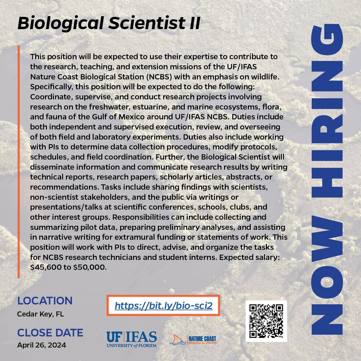 Hiring biological scientist ll! 📣 Are you a bachelors or masters student with experience in field sampling, lab processing, data analysis and scientific writing? Join our crew! Expected salary: $45,600 to $50,000. Apply by 4/26 at the link 🔗 bit.ly/bio-sci2