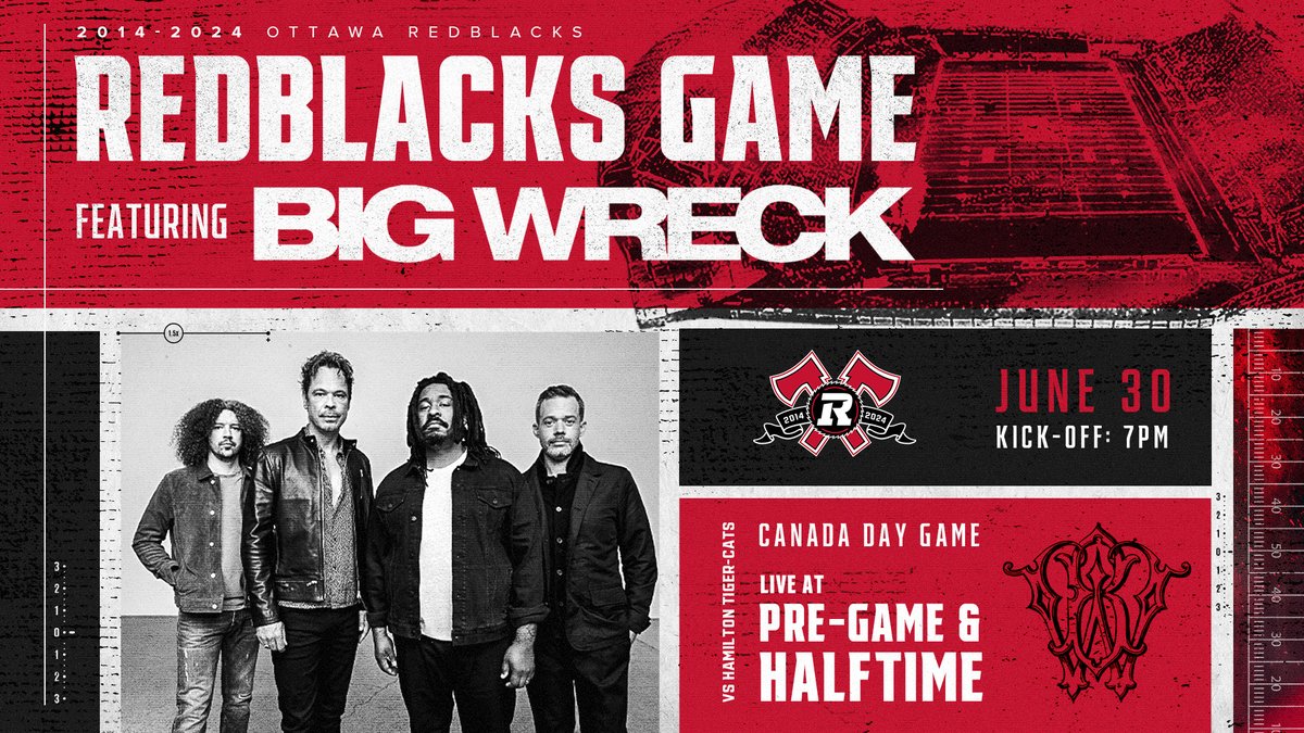 ANNOUNCEMENT: Big Wreck is performing at The Stadium at TD Place on Sunday, June 30, during the @REDBLACKS game! 🎸 Your only way to access is by purchasing the ultimate 10th Anniversary Bundle 🎉 am.ticketmaster.com/redblacks/en/f…