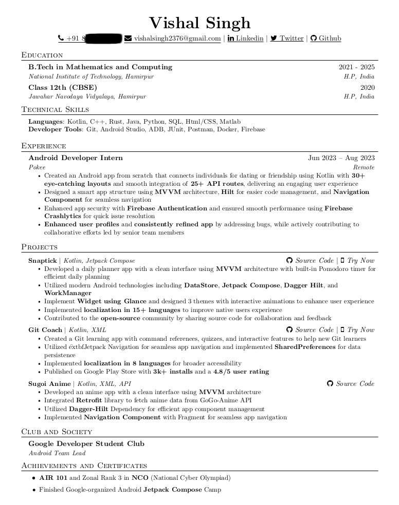 vishal2376's tweet photo. I created my new Resume on @overleaf
Review my Resume
Don't Roast (optional) ๐ฌ
PDF link : https://t.co/9gimbJ30T4
#Resume #buildinpublic #kotlin #android #androiddev #snaptick https://t.co/y1CVLuRQPp