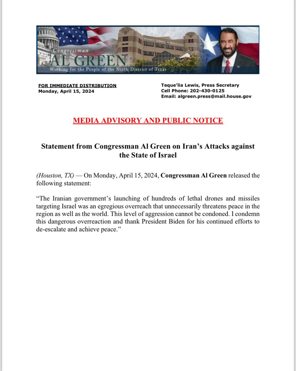 Statement from Congressman Al Green on Iran’s Attacks against the State of Israel