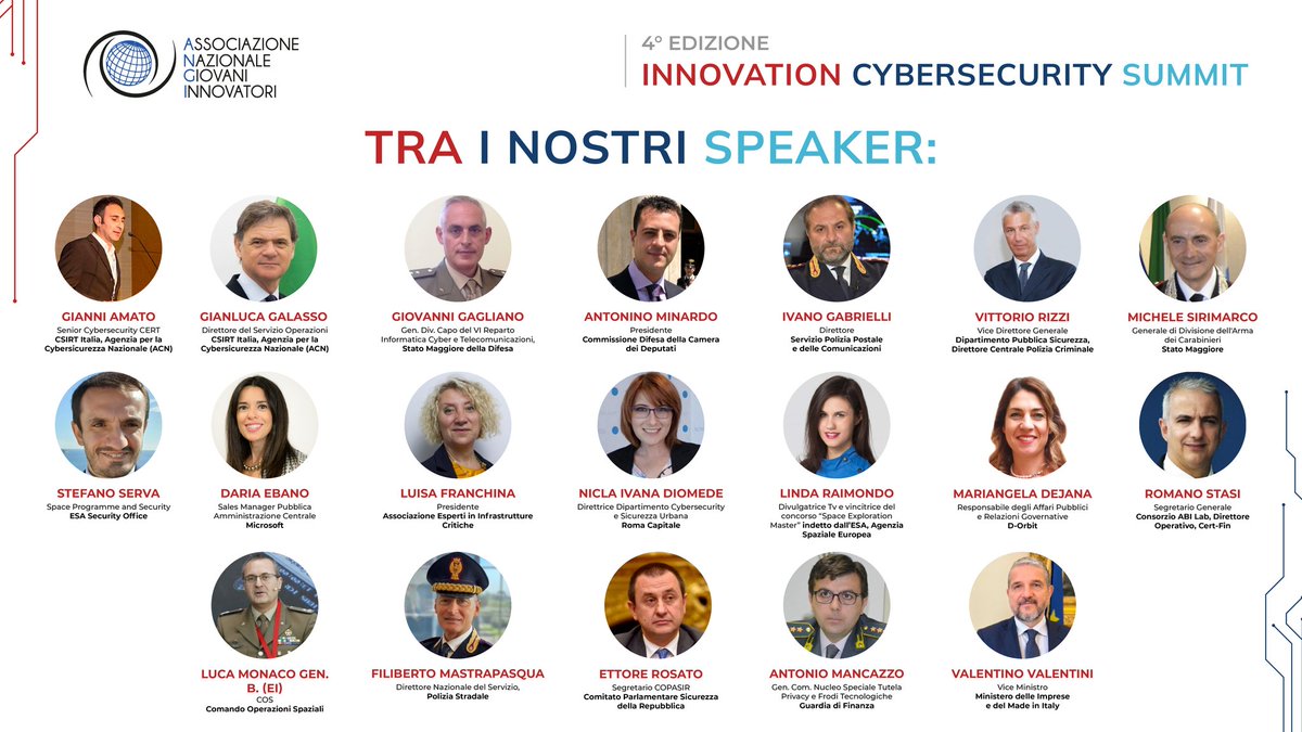 📌 Al via domani la quarta edizione dell'#InnovationCybersecuritySummit promosso da ANGI in collaborazione con alcune delle maggiori istituzioni italiane ed europee presso l'esclusiva cornice del #CircoloUfficiali #ForzeArmate d'Italia.