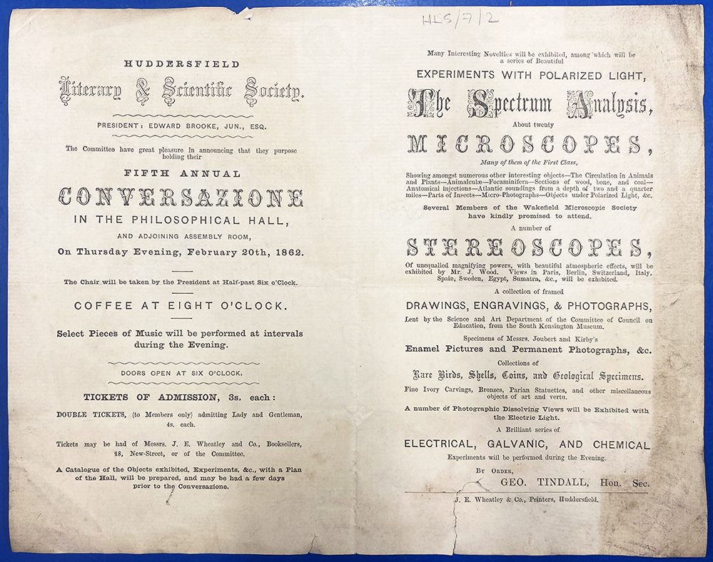 The Huddersfield Literary and Scientific Society Conversazione featured displays of art and scientific demonstrations. In 1862 attendees saw spectroscopy in action, tried out microscopes, examined photographs, fossils and more! Check out the archive here t.ly/ukTMP