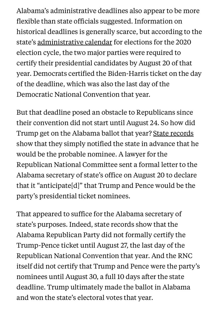 Minor scoop: Alabama is threatening to throw Biden off the ballot unless he reschedules the Democratic convention. I found that the state allowed Trump to miss that deadline in 2020: newrepublic.com/article/180674…