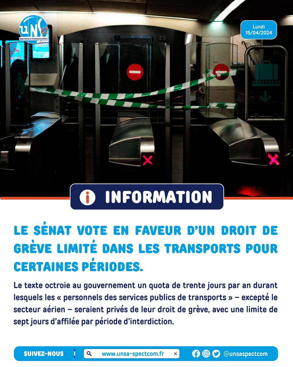 unsaspectcom's tweet photo. #Information : Le Sénat vote en faveur d’un droit de grève limité dans les transports pour certaines périodes.
Détails : https://t.co/dz74Q7OAcK
#UNSA #SpectCom #UNSASpectCom #SpectacleCommunication #UNSASpectacleCommunication #UNSASpectacleEtCommunication https://t.co/s7HU56SrRs