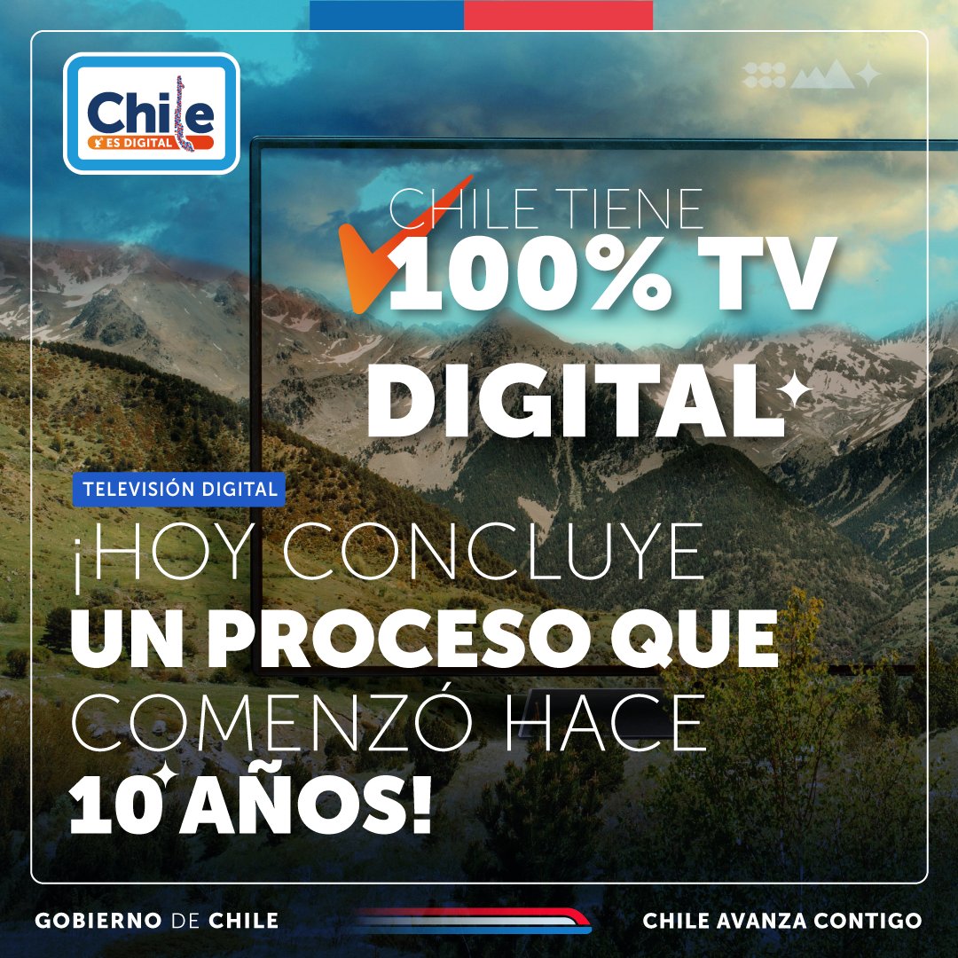 ¡Hoy Chile es 100% Digital! 🇨🇱💪Este 15 de abril concluye la digitalización de la televisión y nos despedimos por completo de la señal análoga para pasar a la digital.
👉Con la TVD mejora la calidad de la imagen y el sonido, hay más canales y mucho más.