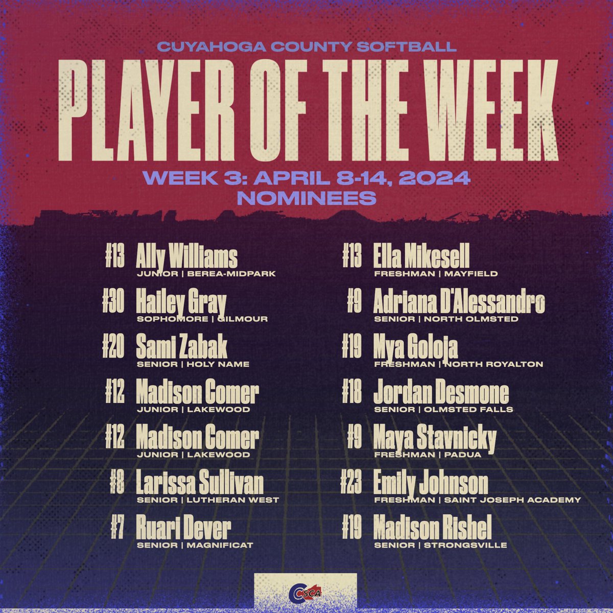 Here are your Week 3 Player & Pitcher of the Week Nominees! ☀️ 🫵🏼 Nominated by coaches 🗳️ Voted on by coaches 🏆 Winners announced every Wednesday