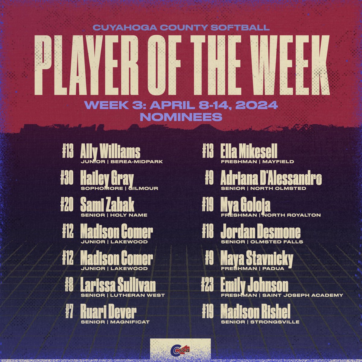 Here are your Week 3 Player &amp; Pitcher of the Week Nominees! ☀️ 
🫵🏼 Nominated by coaches
🗳️ Voted on by coaches
🏆 Winners announced every Wednesday