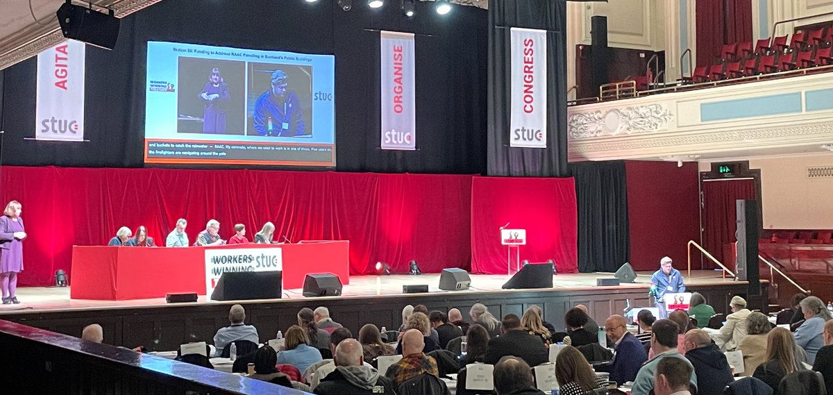 Thanks & credit to Simon from @FBUScotland for moving the #STUC24 motion on the need for funding to address RAAC issues in public buildings. Homes, schools & other workplaces are affected. People’s safety matters! Motion carried. Unanimously, I think!