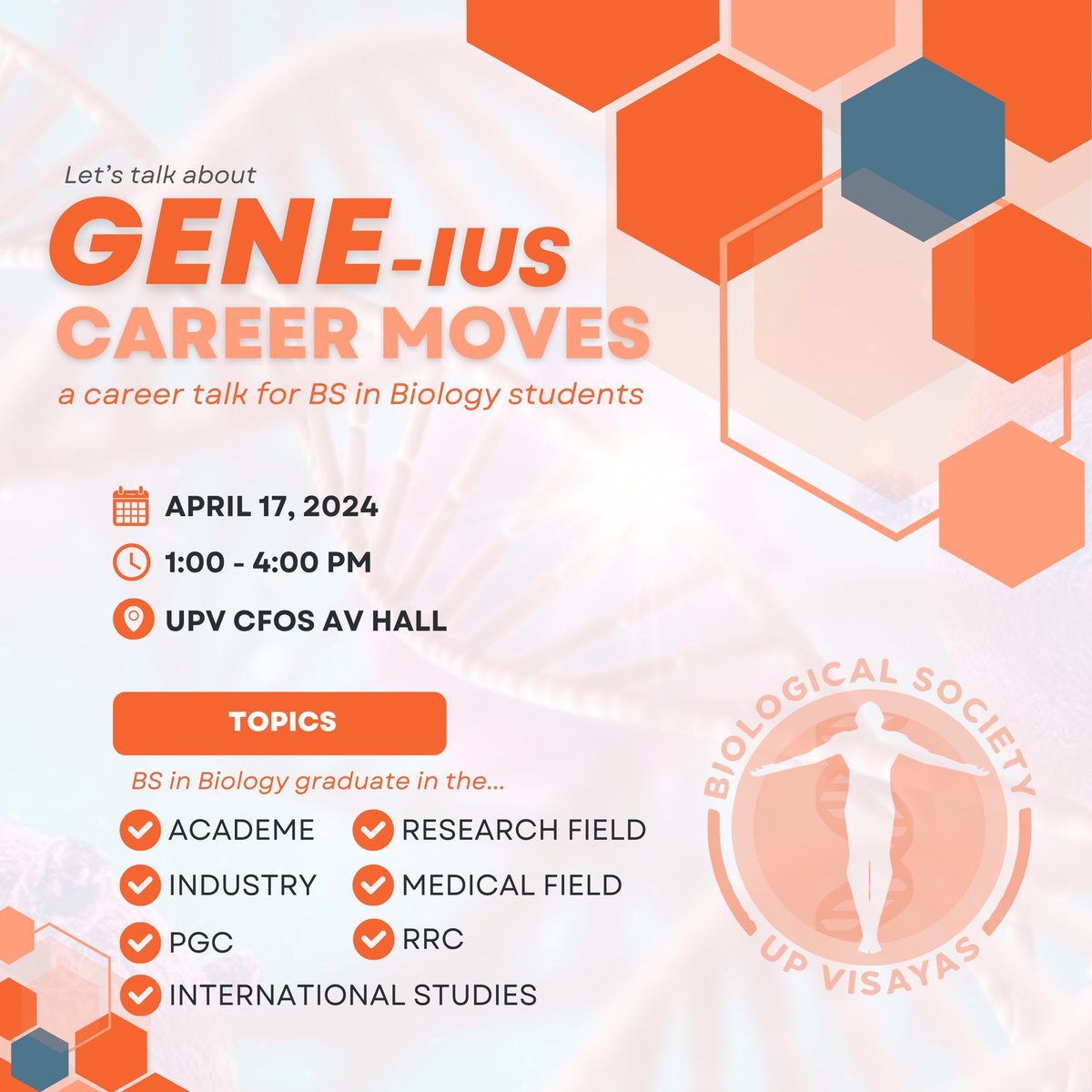 upvbiosoc's tweet photo. Join us as we talk about…
♟️ 𝐆𝐄𝐍𝐄-𝐢𝐮𝐬 𝐂𝐚𝐫𝐞𝐞𝐫 𝐌𝐨𝐯𝐞𝐬 ♟️
— a career talk specifically tailored for BS in Biology students. 

PubMat by: Darlene Alonsabe and Jenssen Pugoy
Caption by: Jenssen Pugoy

#CareerTalk
#UPVBioSoc
#HaynayanParaSaBayan https://t.co/ite2TnYtHn