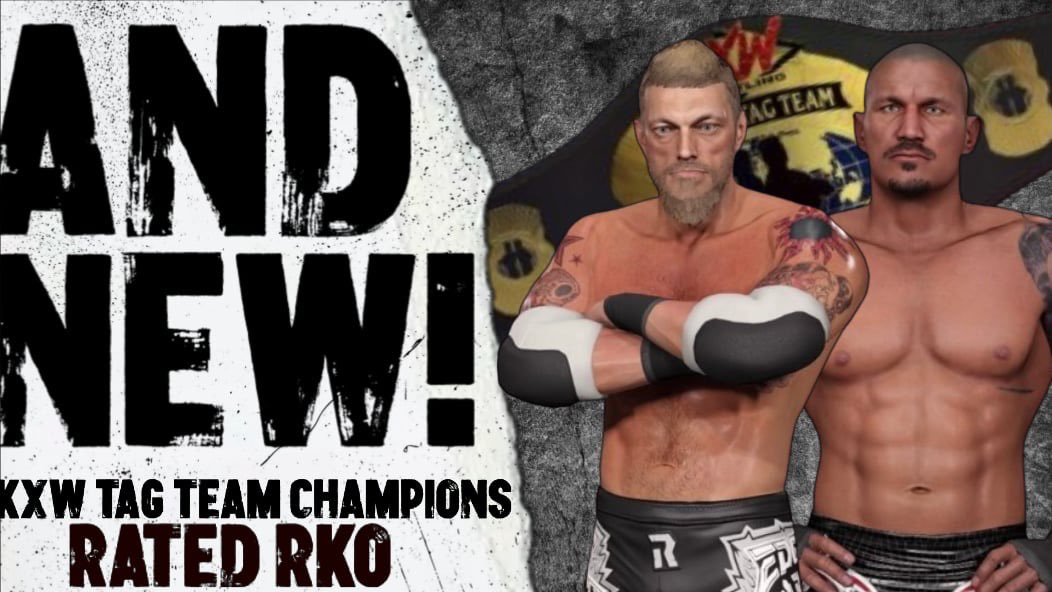 CrackjawRecords's tweet photo. Congratulations to the new KXW Tag Team Champions!! Rated RKO! They came back together for the Jay Briscoe Reach For The Gold Tag Team Classic and now they have dethroned Freak Nation!! #KXWAcademy https://t.co/s2y45dVY3z