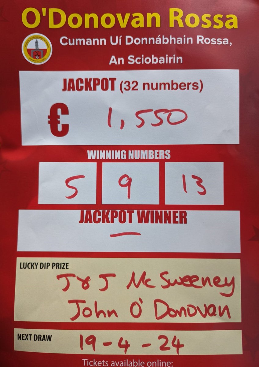 O'Donovan Rossa GAA Lotto Results for 12/04/2024: Next draw taking place Friday 19th of April. Tickets available in the usual local outlets or you can play online now: klubfunder.com/Clubs/O_Donova…