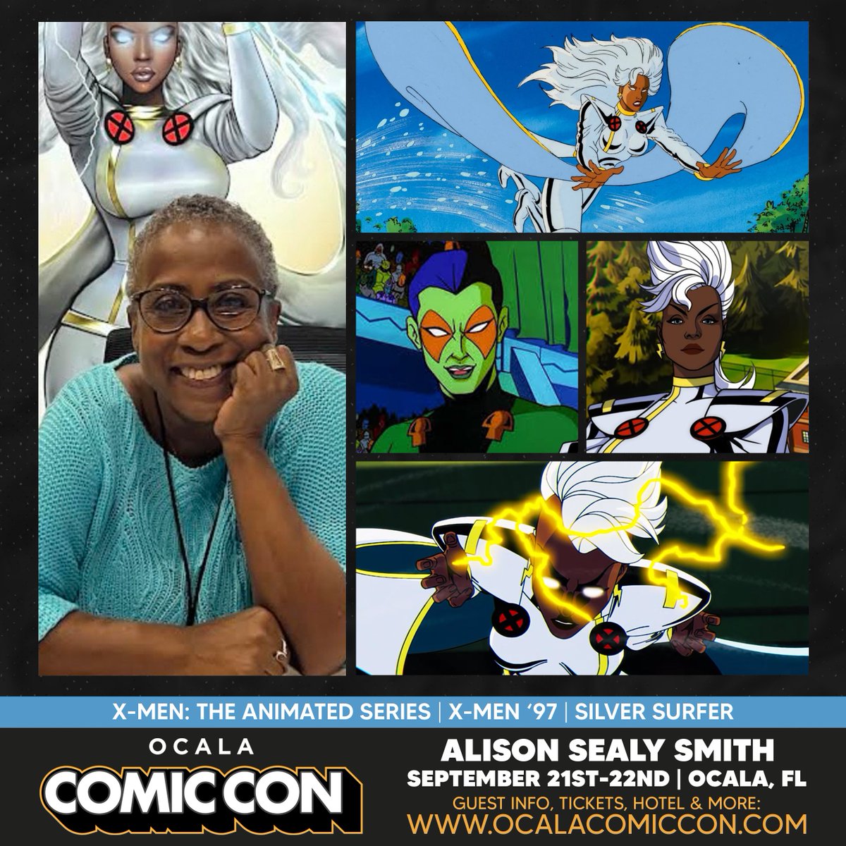 Alison Sealy Smith will be a guest at the September 21-22, 2024 #OcalaComicCon at the World Equestrian Center in Ocala, Florida! Greatly known for her role as Ororo Munroe #Storm on both #XMen The Animated Series and #XMen97. More Info - ocalacomiccon.com