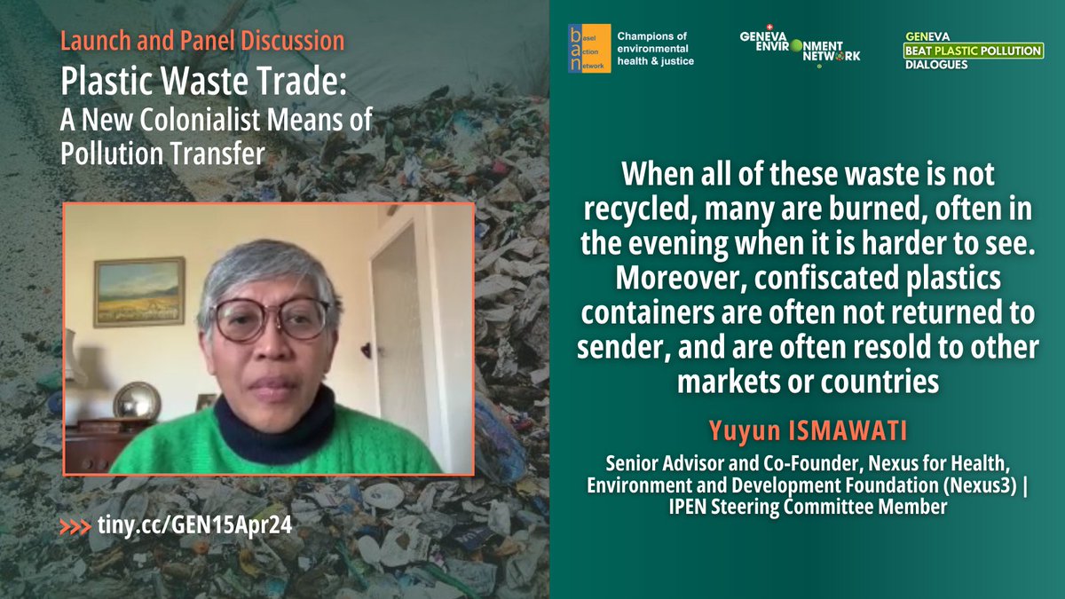 @BaselAction @S_Gundogdu01 @pstoett @KristaShennum @JPetrlik @ismawati64 @Magdalenadonoso @brkfreeplastic @IUCN_Plastics @ToxicsFree @ClimateRights @arnikaorg Yuyun Ismawati of @FokusNexus3 presents the #PlasticWaste Trade situation in #Indonesia providing examples of the country's policy response to the challenge, including a gov. decree setting a 2% max to be reduced to 0% of contamination for imported #plastics & paper scraps.