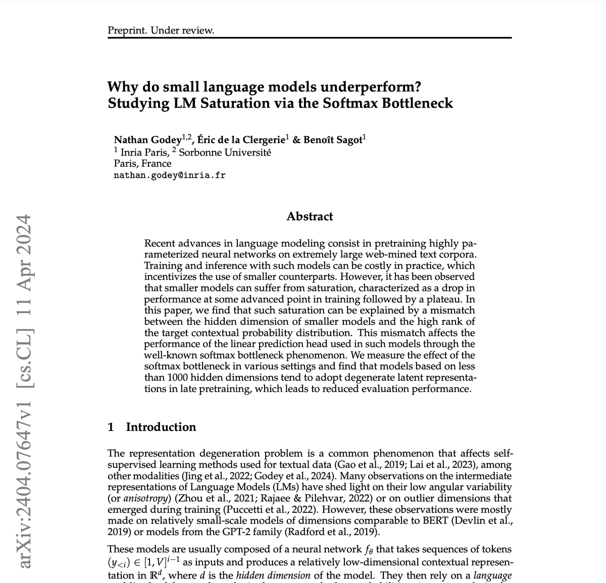 🤏 Why do small Language Models underperform? We prove empirically and theoretically that the LM head on top of language models can limit performance through the softmax bottleneck phenomenon, especially when the hidden dimension <1000. 📄Paper: arxiv.org/pdf/2404.07647… (1/10)