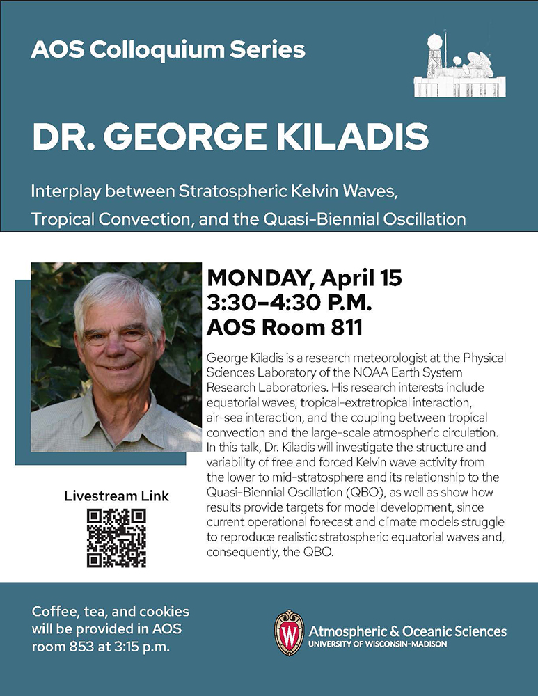 Join us today for our Colloquium Series at 3:30! George Kiladis, NOAA research meteorologist, will discuss "Interplay between Stratospheric Kelvin Waves, Tropical Convection, and the Quasi- Biennial Oscillation."

Watch online: youtube.com/watch?v=ldSKkx…