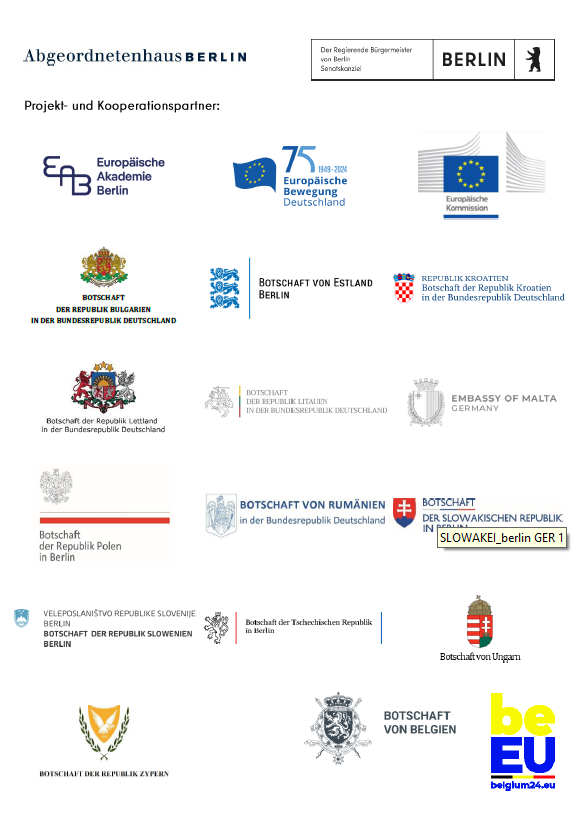 Better Together - Berlin feiert 20 Jahre Erweiterung der Europäischen Union
WANN: Montag, 29.04.2024 - 14:30 - 16:30 Uhr
WO: Abgeordnetenhaus von Berlin, Niederkirchnerstraße 5, 10117 Berlin
ANMELDUNG: Better Together | Europäische Akademie Berlin (eab-berlin.eu)
