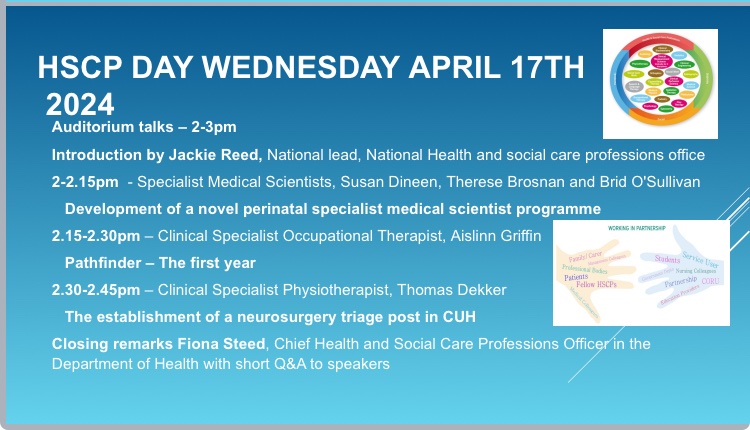 Check out the presentations in the auditorium for HSCP day Wednesday April 17th in the auditorium 2-3pm. All staff welcome. Help us mark HSCP day @WeHSCPs @brosnansinead1 @louisem55421766 @cuh_hscp @CUH_Cork @osullivan_y @Sinead_Long @wedel_ruairi @_ISCP_