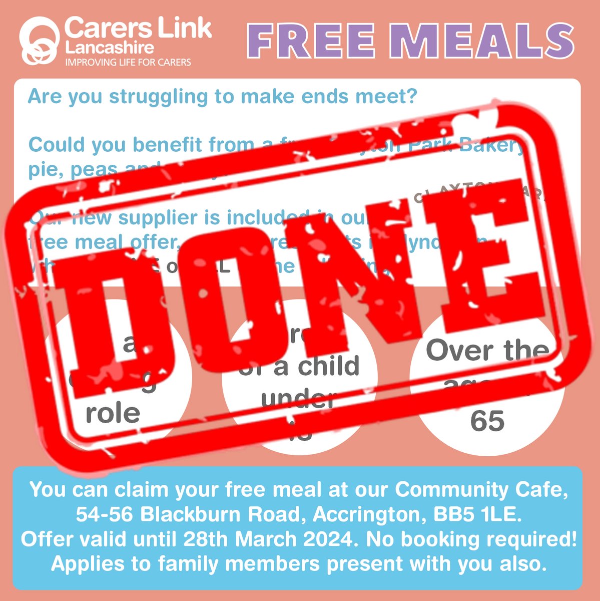 Our Free Meals for Hyndburn residents scheme is now over. We are delighted we were able to help so many residents in our 54/56 - Carers Link Lancashire's Community Facility Cafe, and hope to see you again at our cafe very soon!