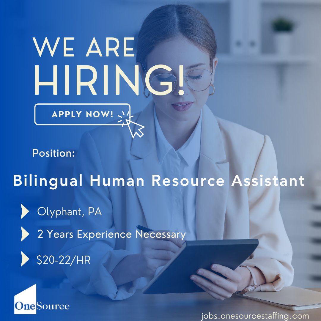 We are hiring a Bilingual Human Resource Assistant with 2 years of experience in Olyphant, PA. If you are interested in applying for this job, fill out an application here: nsl.ink/dnLC \#OlyphantJobs #Bilingual #HRJobs