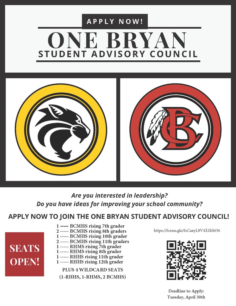 The 2024-2025 One Bryan Student Advisory Council application process is now open!
