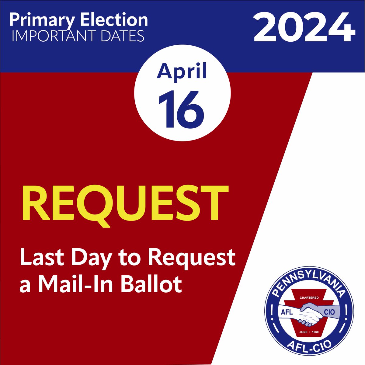 🚨🚨 TOMORROW, April 16th is the last day to request a mail-in ballot for the #PrimaryElection on April 23, 2024! vote.pa.gov/applymailballot