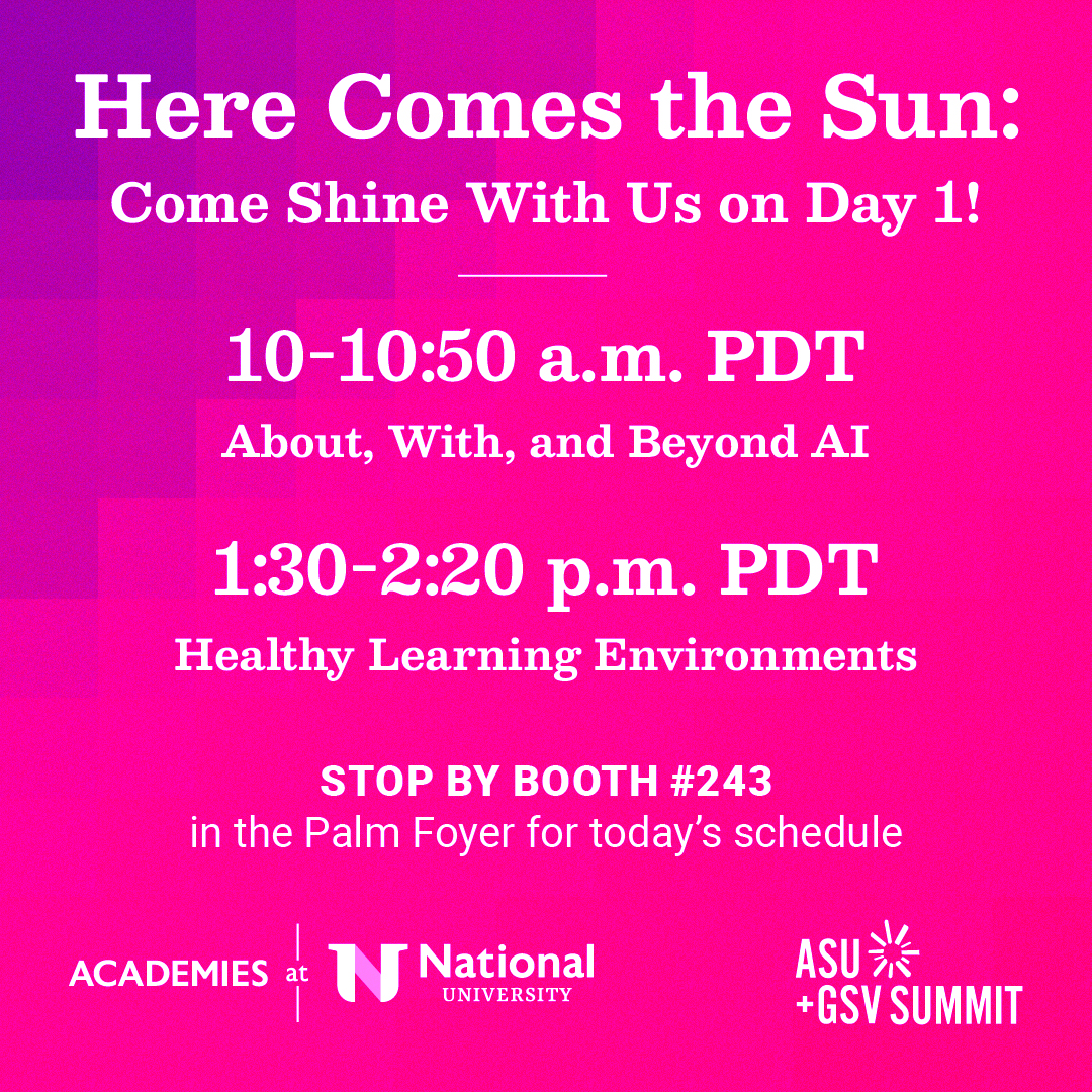 Welcome to @asugsvsummit! Join us as we kick off our inspiring sessions 'About, With, and Beyond AI' and 'Healthy Learning Environments' in Regatta A with @markmilliron. Stop by booth 243 in Palm Foyer for the schedule!