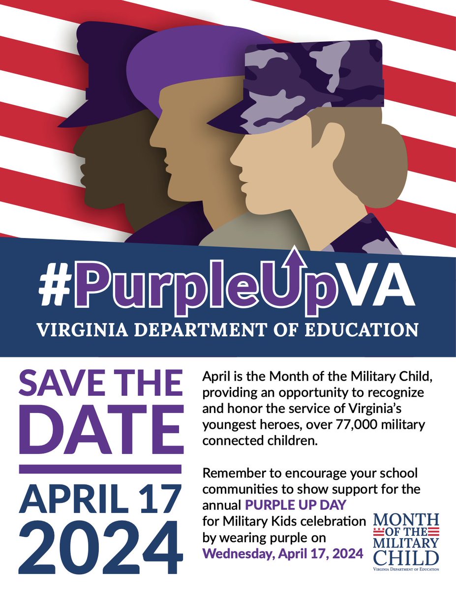 April is Month of the Military Child and to celebrate, WJCC Schools will participate in Purple Up! Day on Wednesday, April 17th. We encourage staff and students to wear purple on this day in support of our military families. Why purple? Learn more at militarychild.org/resource/momc-….