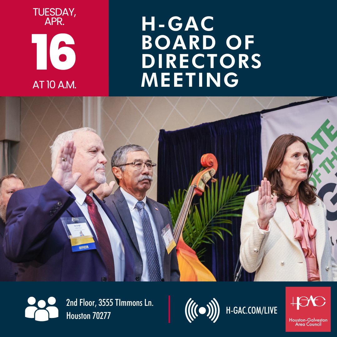 📆 Join us for our Board of Directors meeting tomorrow, April 16, at 10 a.m. at our H-GAC offices, 3555 Timmons Ln, Houston, TX. Can't make it in person? Watch the livestream at h-gac.com/live. If you choose to attend online, kindly note that active participation will…