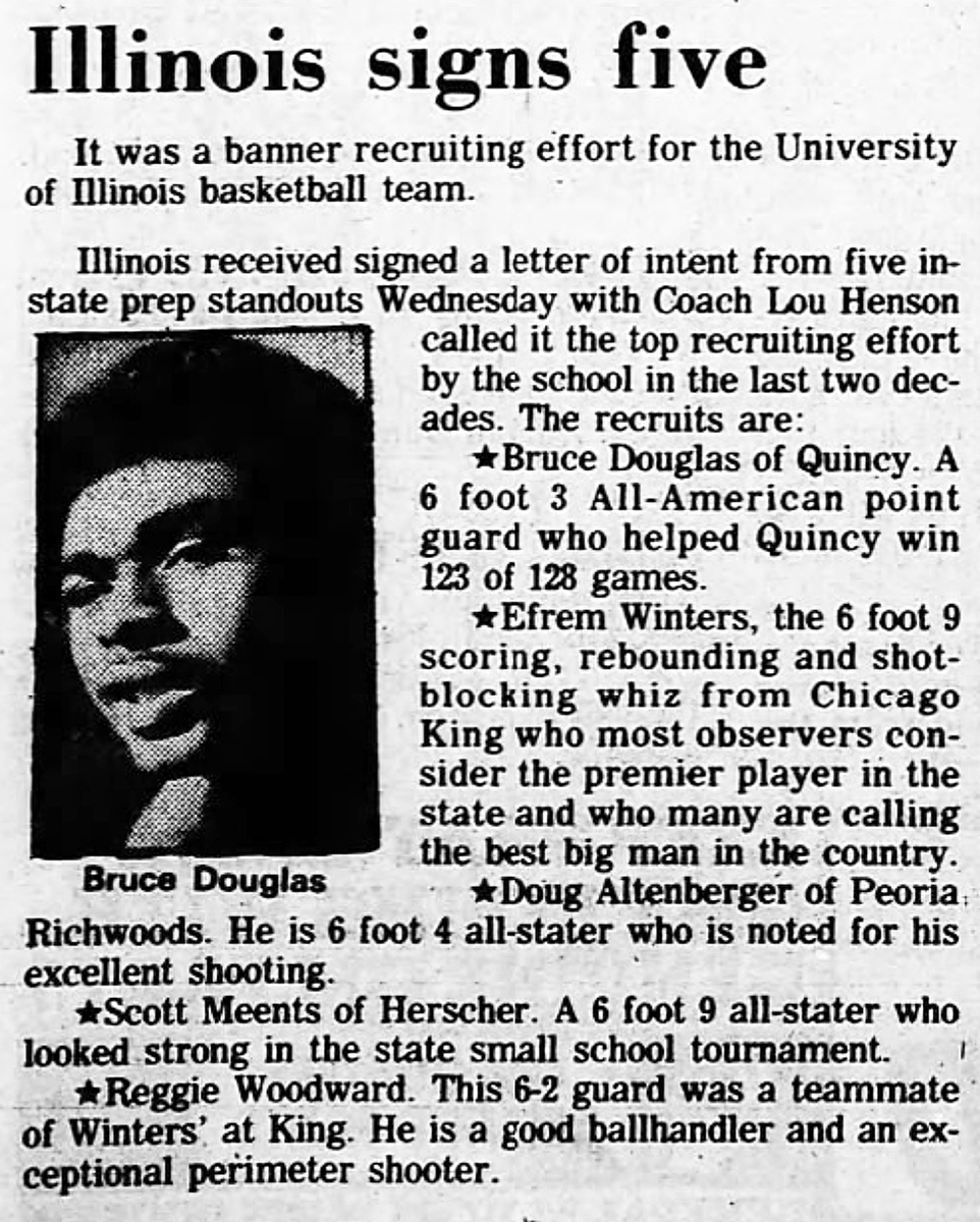 On this date 42 years ago - Apr. 15, 1982 - Lou Henson's <a href="/IlliniMBB/">Illinois Men's Basketball</a> staff signed a quintet of high school stars that included Bruce Douglas, Efrem Winters, Doug Altenberger, Scott Meents and Reggie Woodward.
