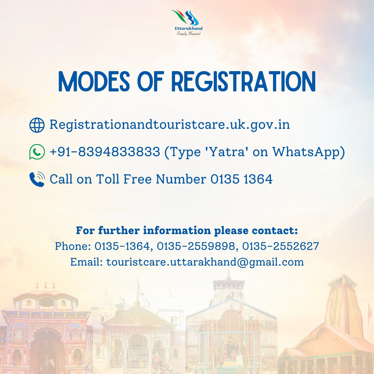 UTDBofficial's tweet photo. The highly anticipated #ChardhamYatra2024 registration is now live! Make sure to complete the mandatory registration process. This can be done easily online https://t.co/2WtYI7SCXy, via WhatsApp at +91 8394-833833, or through the convenient "TouristCareUttarakhand" app. https://t.co/xOhSObjDxc